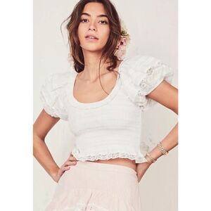 LoveShackFancy Molly Top in White Cotton Smocked Crop Top Small Ruffle Lace $285